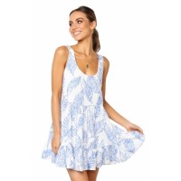 Sky Blue Leaf Pattern Ruffled Summer Boho Dress